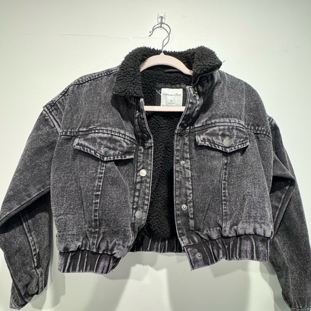 Highway Jeans Washed Black Sherpa-Lined Cropped Denim Jacket